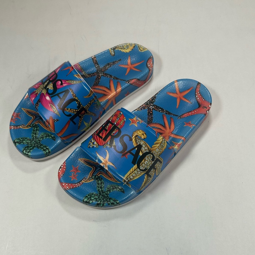 Versace Tresor De La Mer Slide Sandals Blue Starfish Pool Shoes Size US 5 EU 35